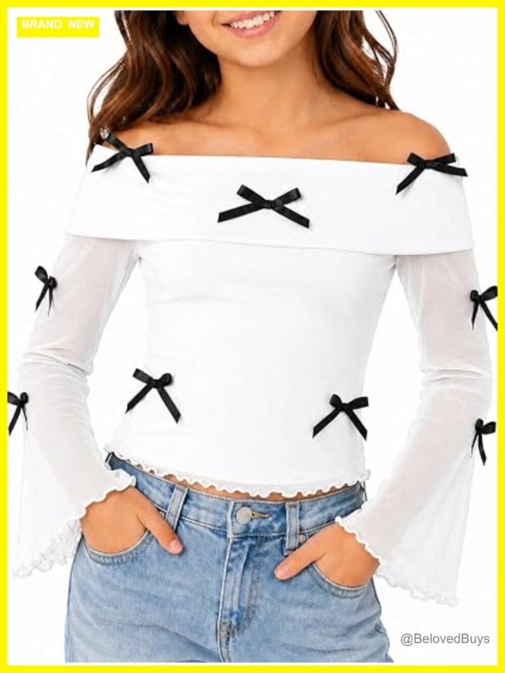 Girls Off Shoulder Crop Top Bell Sleeve Bow Lettuce Hem
